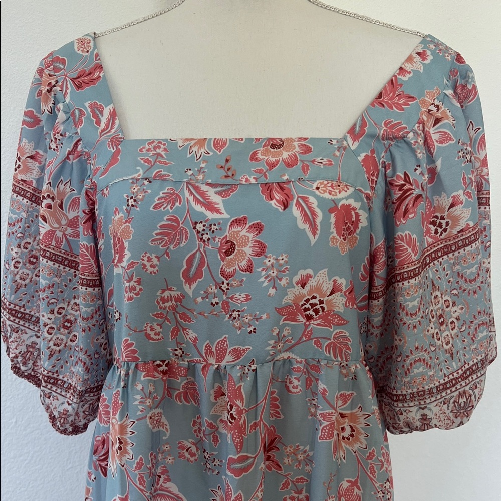 Band of the free - Floral Puff Sleeve Mini Dress in cornflower Blue and mauve - Picture 3 of 14